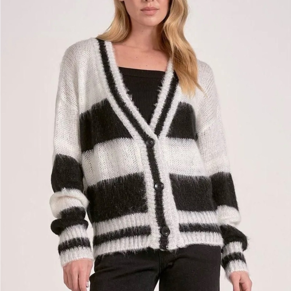 Striped Fuzzy V-Neck Button Cardigan - Black & White